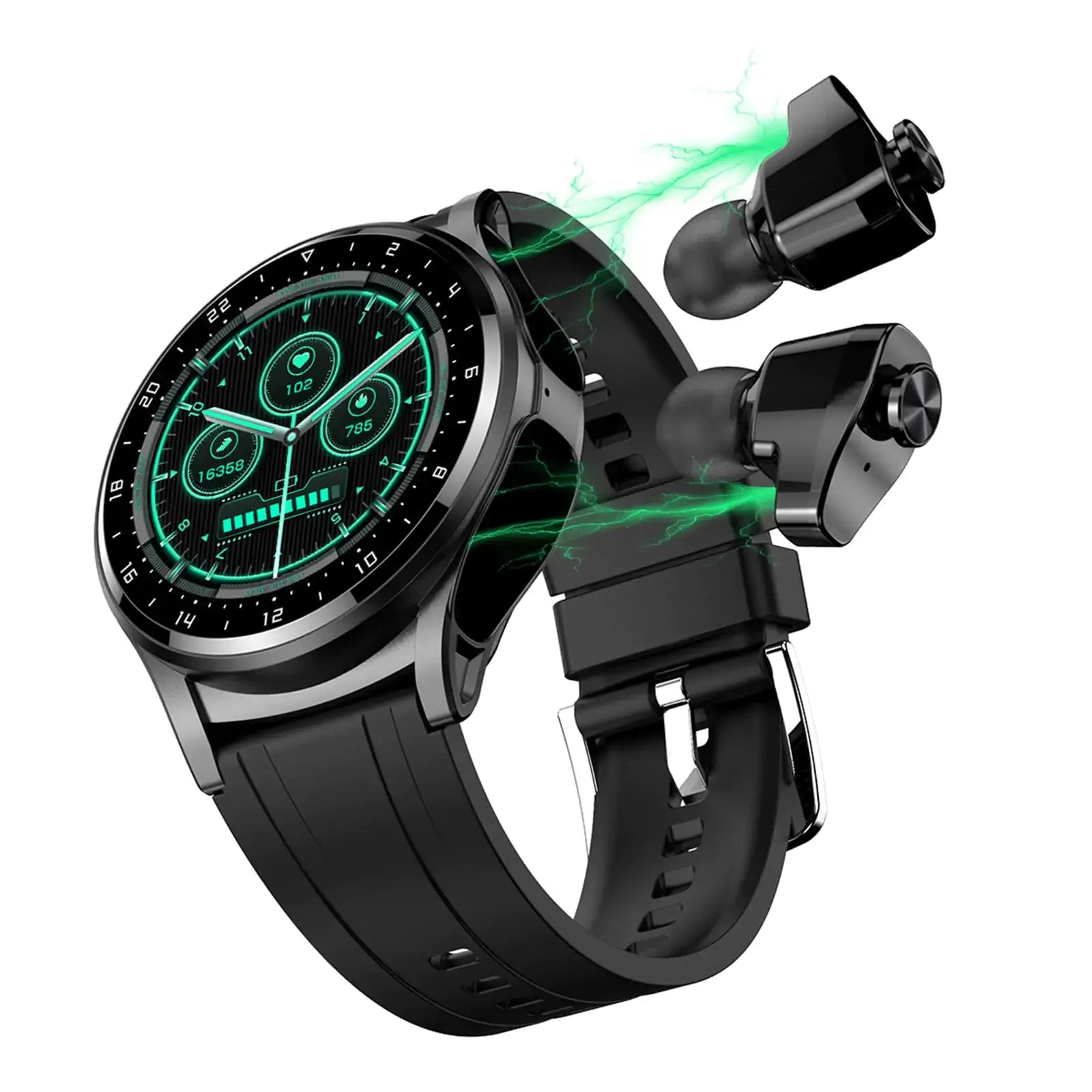 ATEVIX smart watch with earbuds, ultra-thin metal body, displaying fitness tracking features and Bluetooth connectivity.