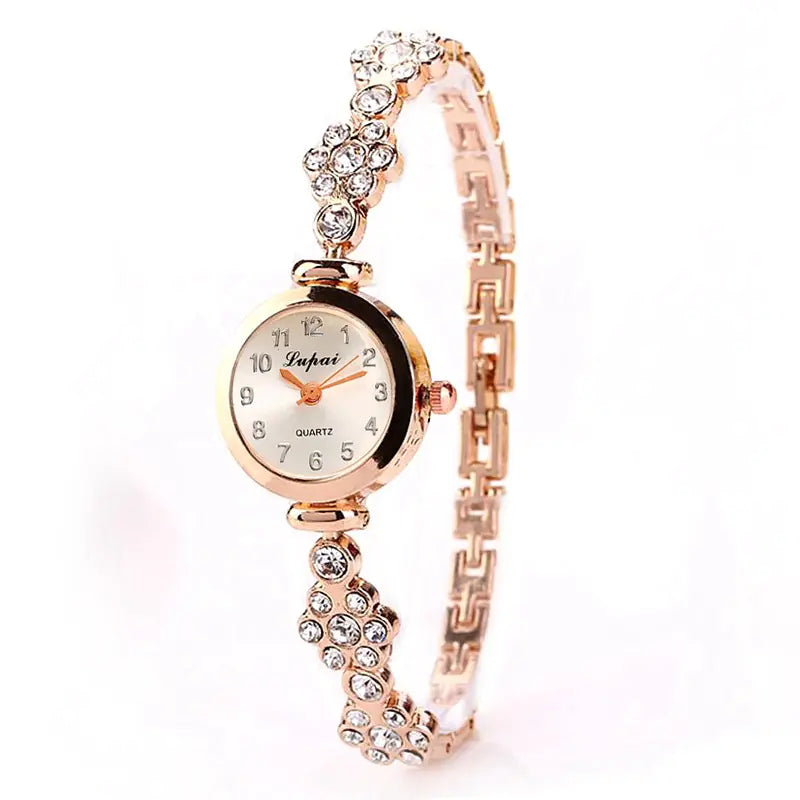 L women's fashion pearl watches rose gold quartz with crystal band side view