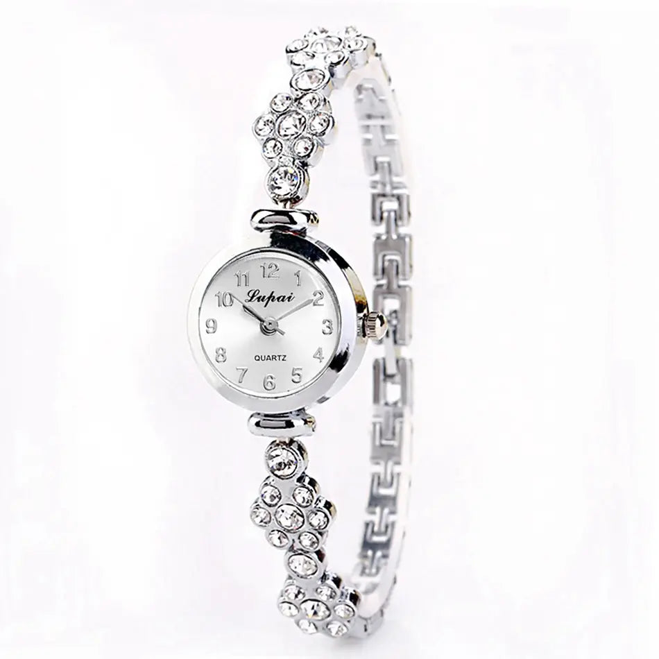 L silver women's fashion pearl watches with crystal details side view