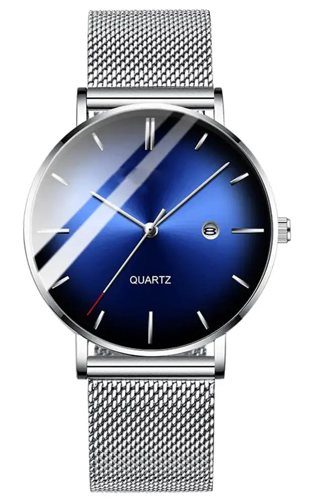 Silver BESTKANG men's minimalist wrist watch with stainless steel mesh band, ultra-thin design, and analog quartz date display.
