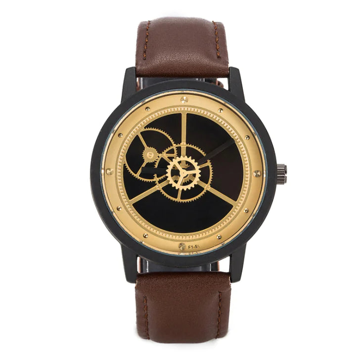 L brand affordable gear watches with black and gold gear design dial and brown leather strap front view
