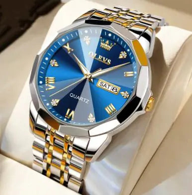 OLEVS men's watch by L featuring a sleek design with a round face and leather strap on a wooden surface.