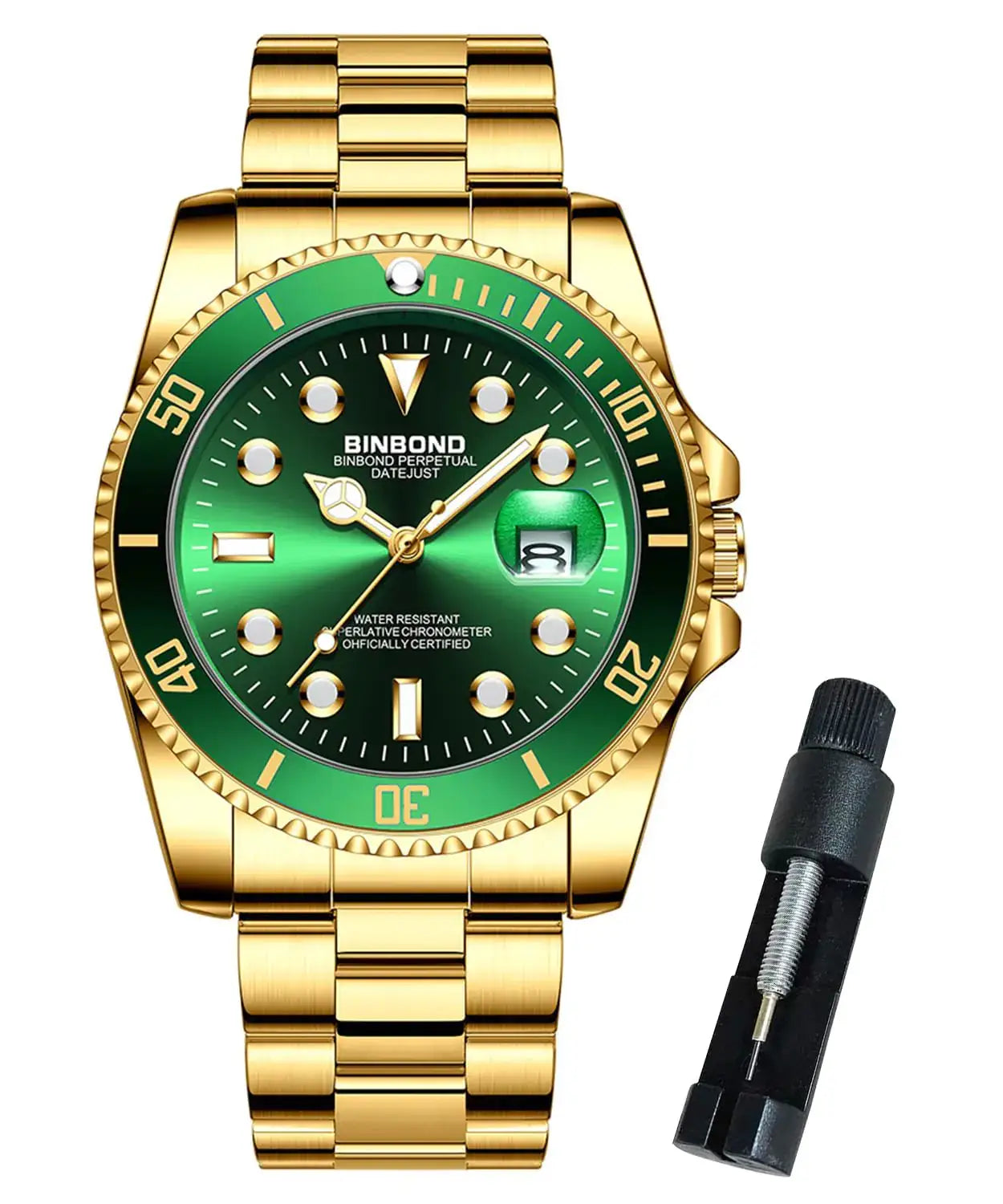 Binbond premium affordable watches gold green dial front view with date magnifier