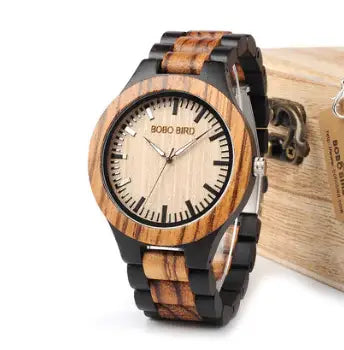 BOBO BIRD wooden couple watches set with natural wood grain and black accents on band and dial