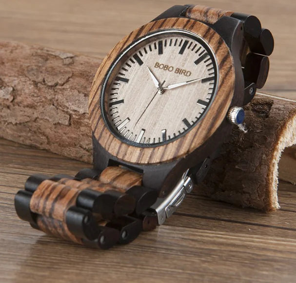 Wooden couple watches set featuring a natural wood grain design with black accents and a minimalist face