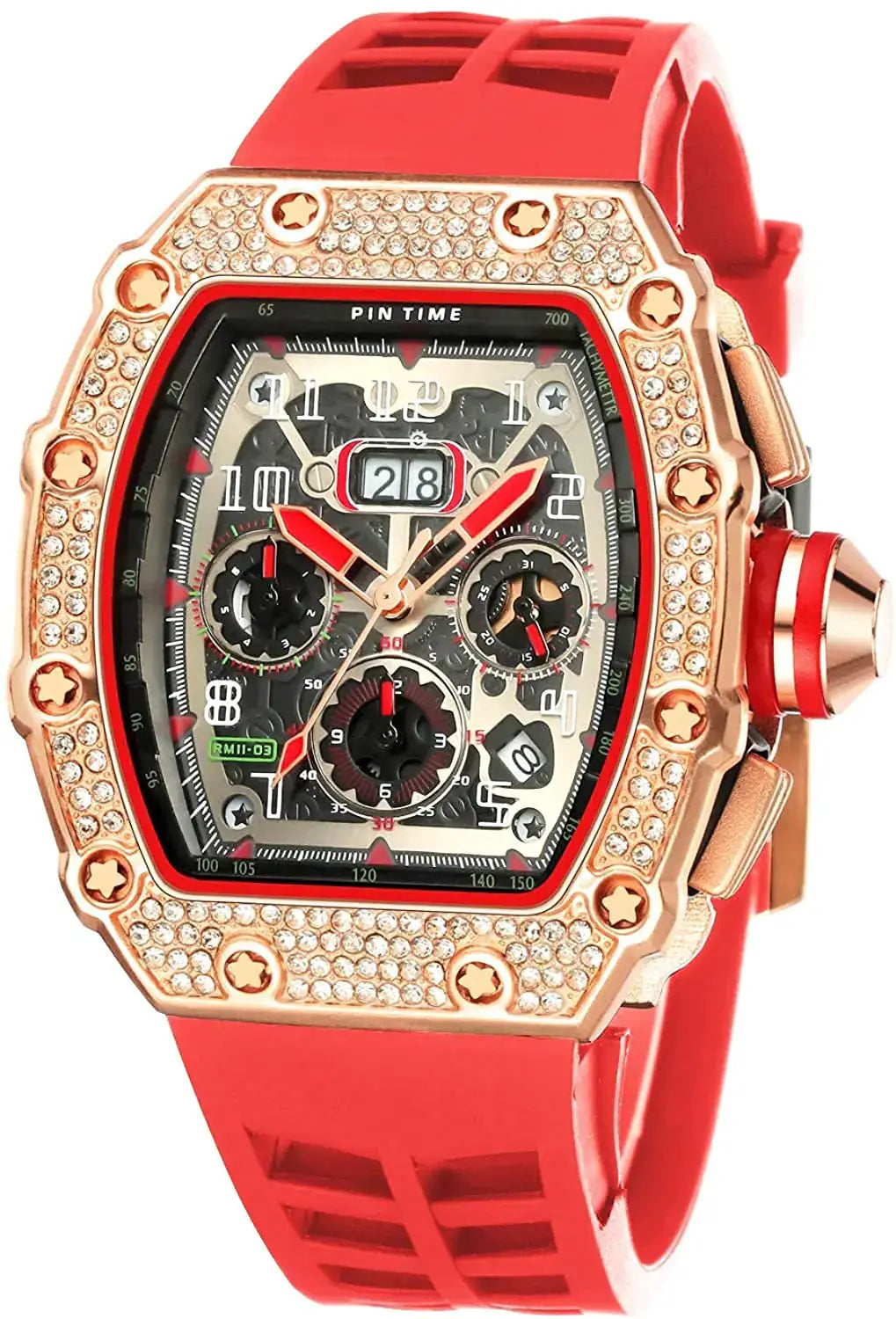 Gosasa men's unique punk iced out dress watch with silicone band and rectangular face, featuring analog chronograph.