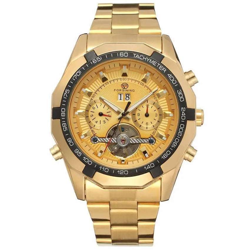 L brand gold flywheel quartz watches front view with tachymeter bezel