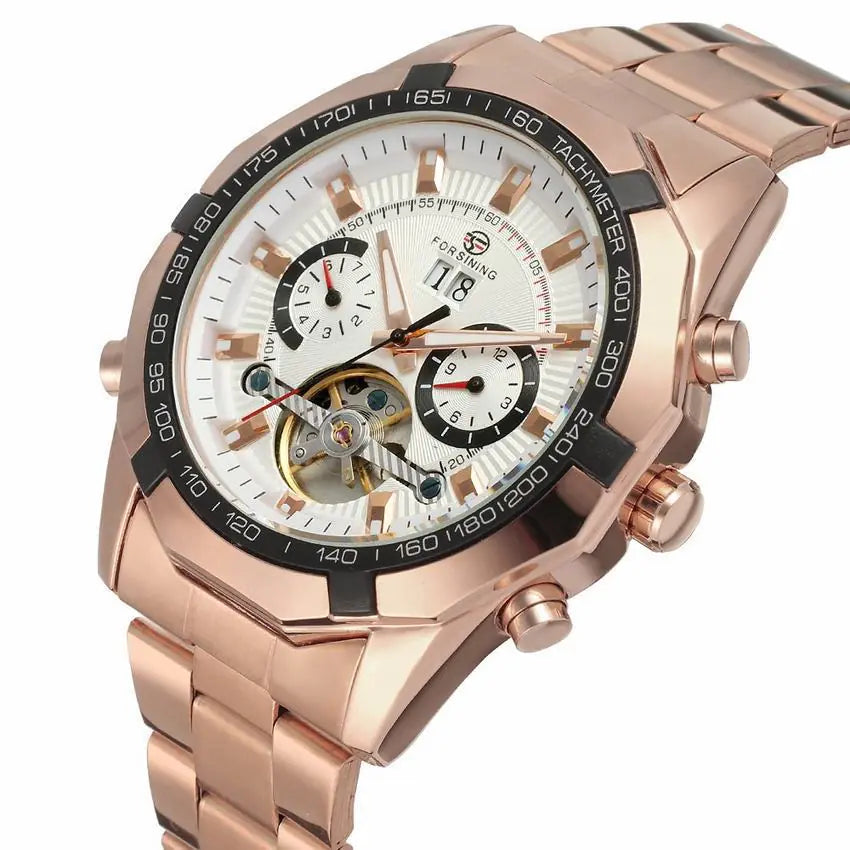 L brand rose gold flywheel quartz watches side view with tachymeter bezel