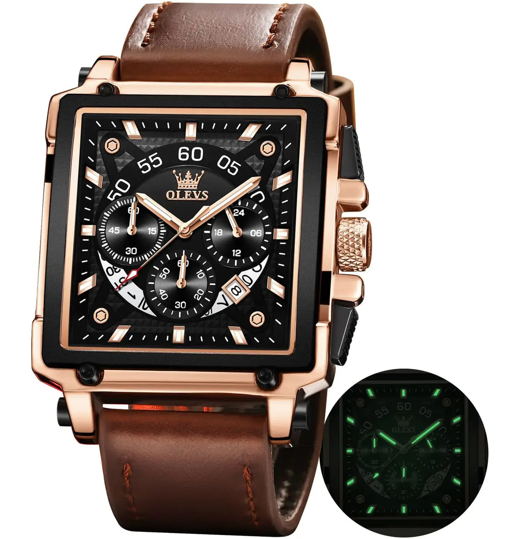 OLEVS men's black quartz chronograph watch with leather strap, luminous hands, and square face, ideal for casual or business wear.