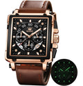 OLEVS men's black quartz chronograph watch with leather strap, luminous hands, and square face, ideal for casual or business wear.
