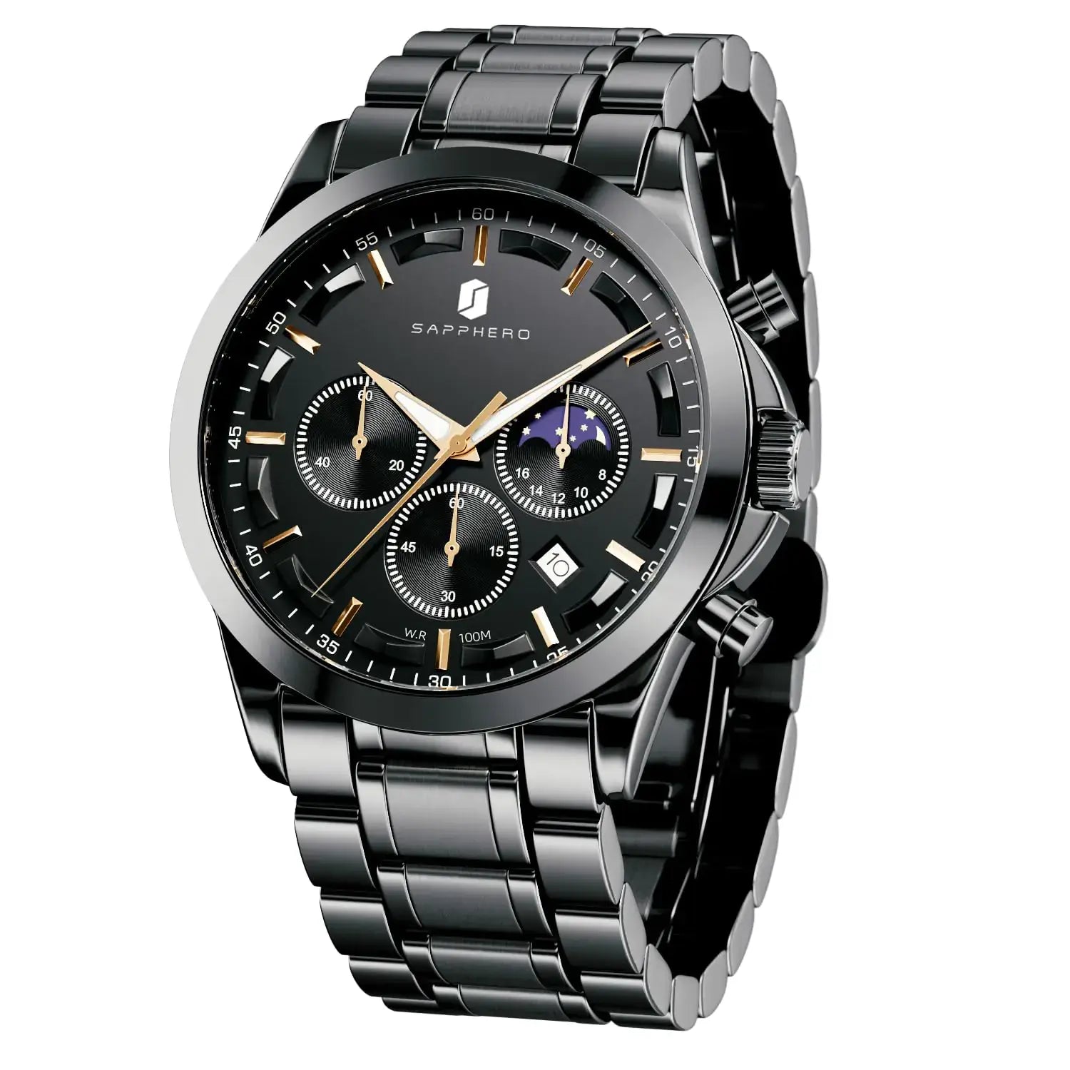 SAPPHERO men's stainless steel analog watch with chronograph and date display, designed for casual and business wear.
