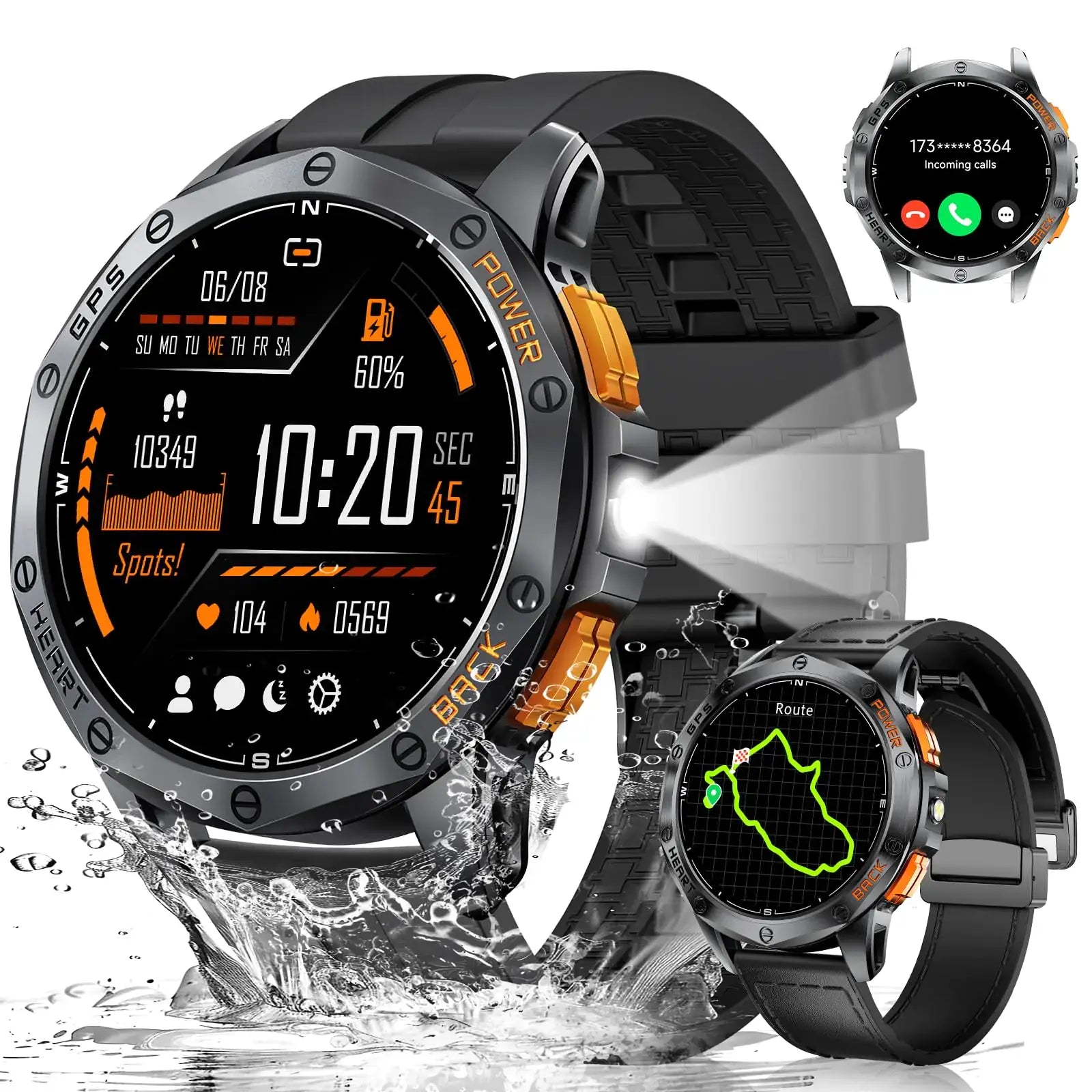 LIGE GPS military smart watch for men with AMOLED display, LED flashlight, compass, and IP68 waterproof design.