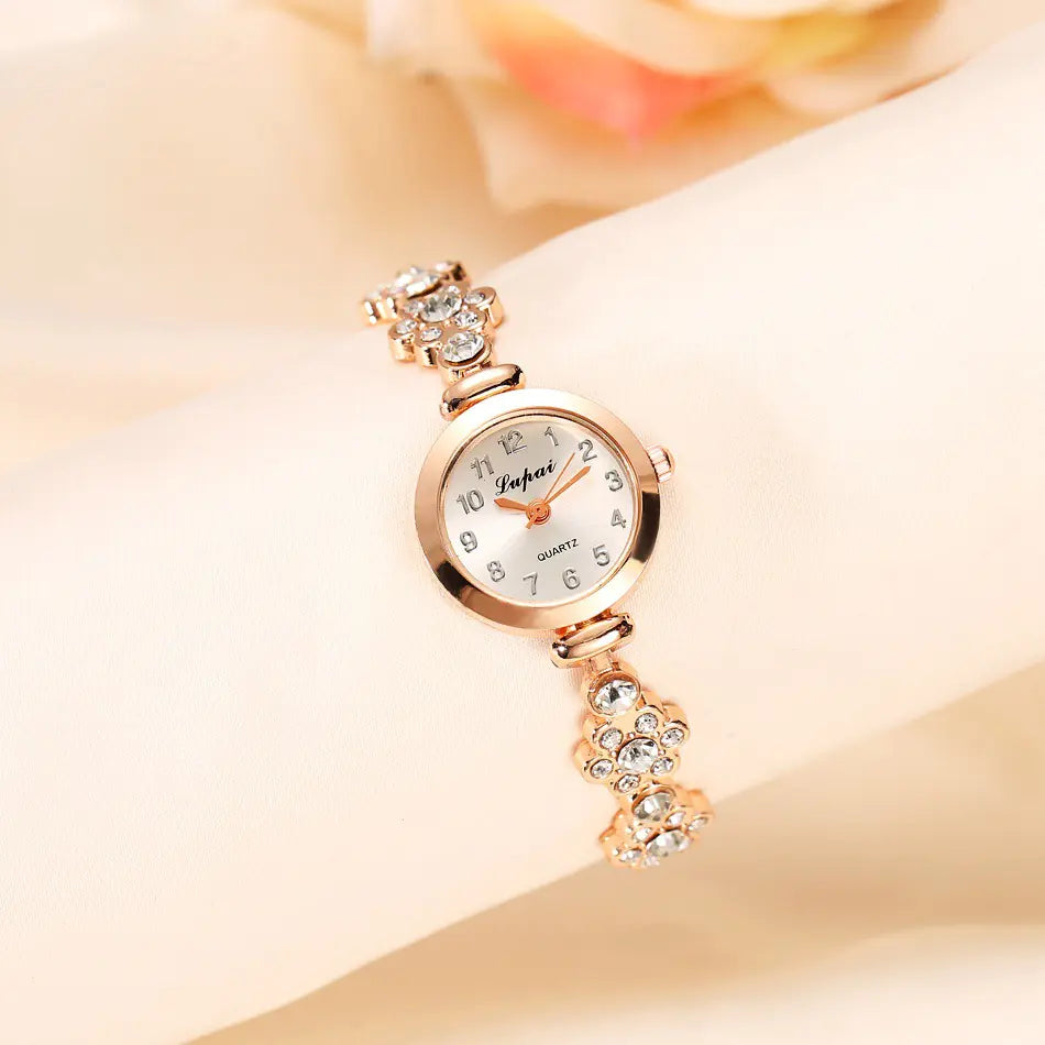 L women's fashion pearl watches rose gold view on wrist with crystal bracelet