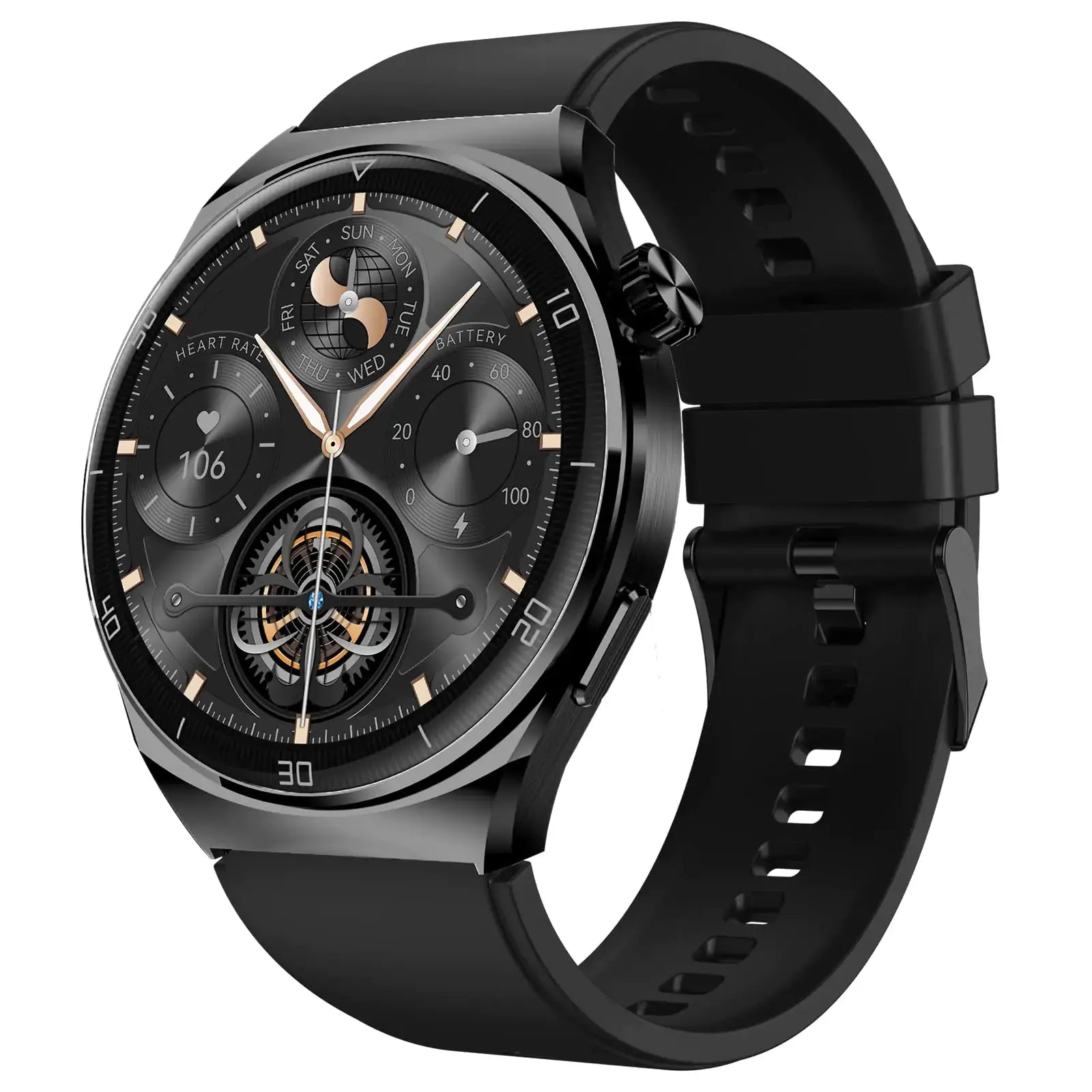 L black IP68 waterproof smartwatch with heart rate monitor side view