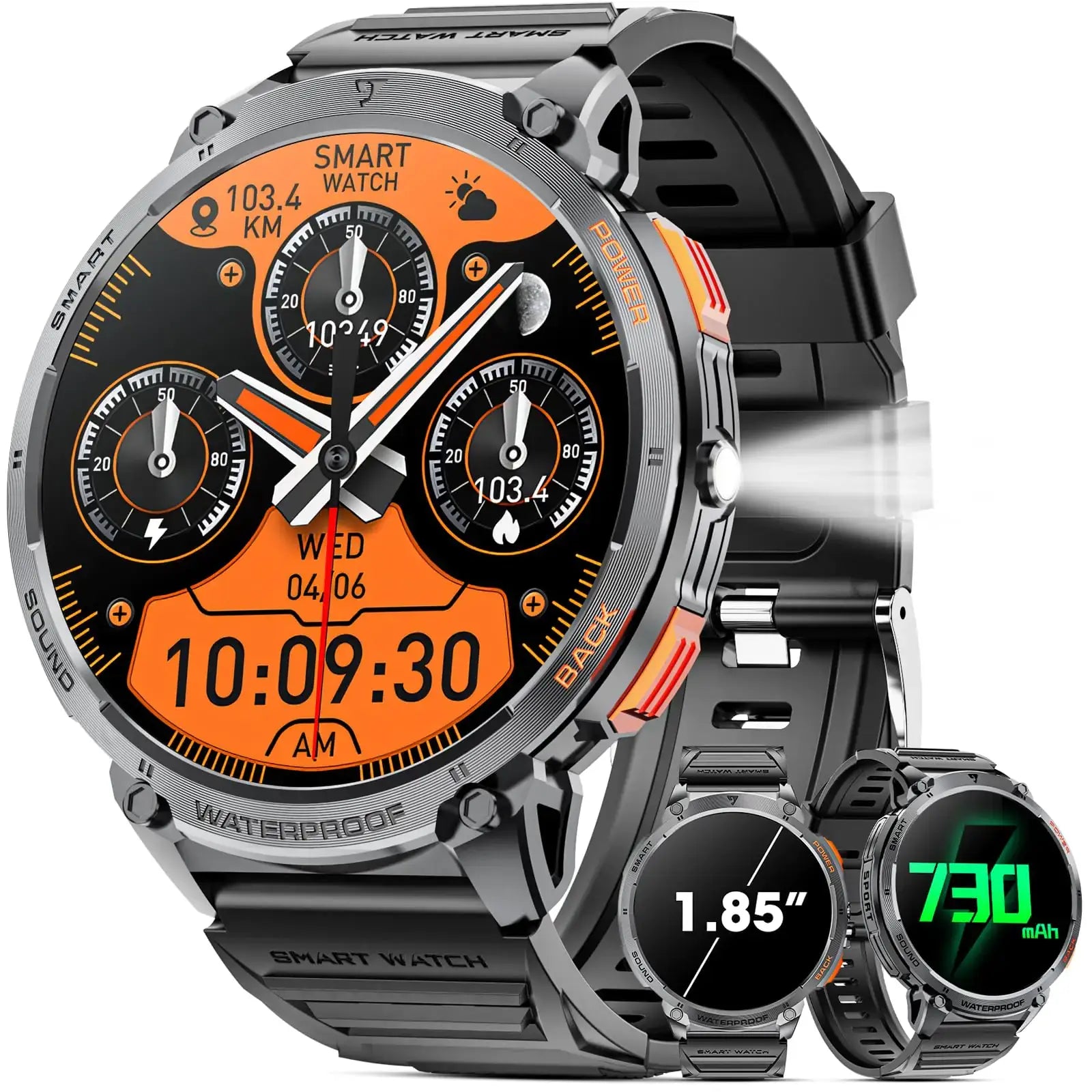 L Military Smart Watch for Men with 1.85" HD touch screen, LED flashlight, fitness tracker, and Bluetooth call features.