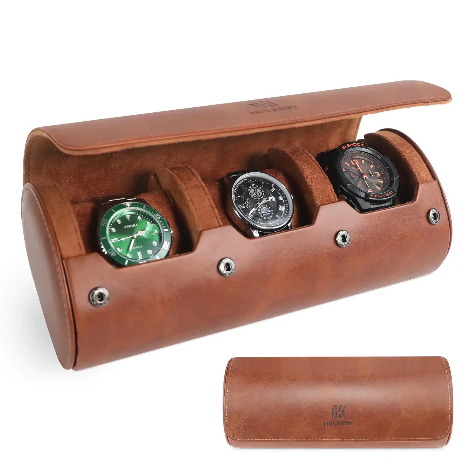 L premium affordable watches brown leather case three watches front view