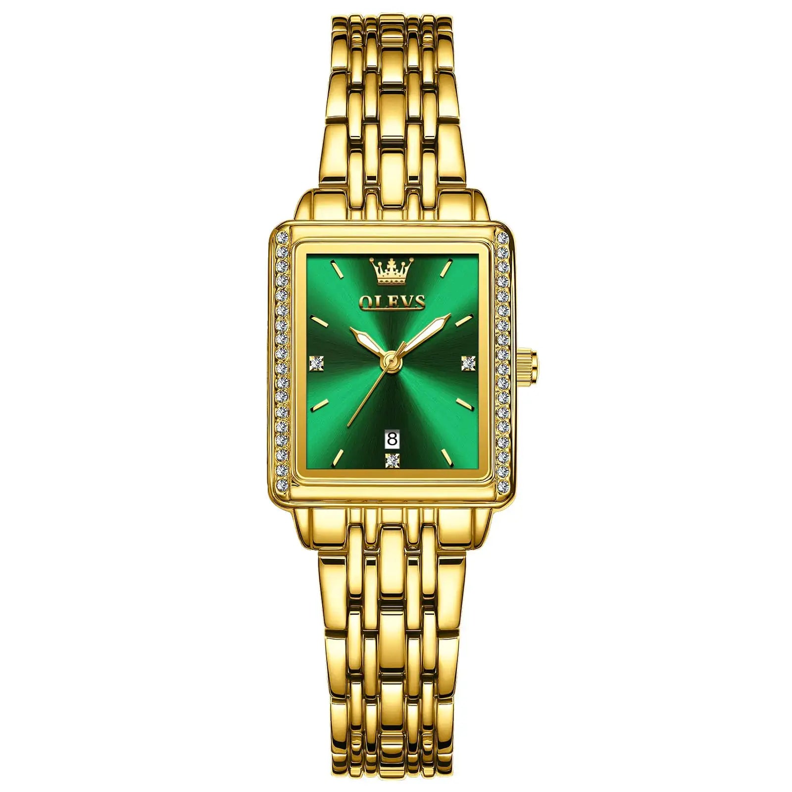 OLEVS green analog watch for women, stainless steel square design, waterproof, luminous, easy-to-read date display.