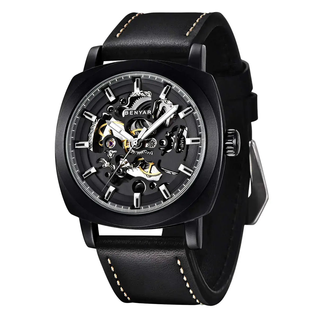 Benyar automatic men's watch with a skeleton design, leather strap, 45mm dial, and 30M waterproof feature.