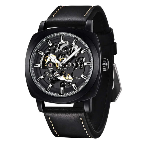 Benyar automatic men's watch with a skeleton design, leather strap, 45mm dial, and 30M waterproof feature.