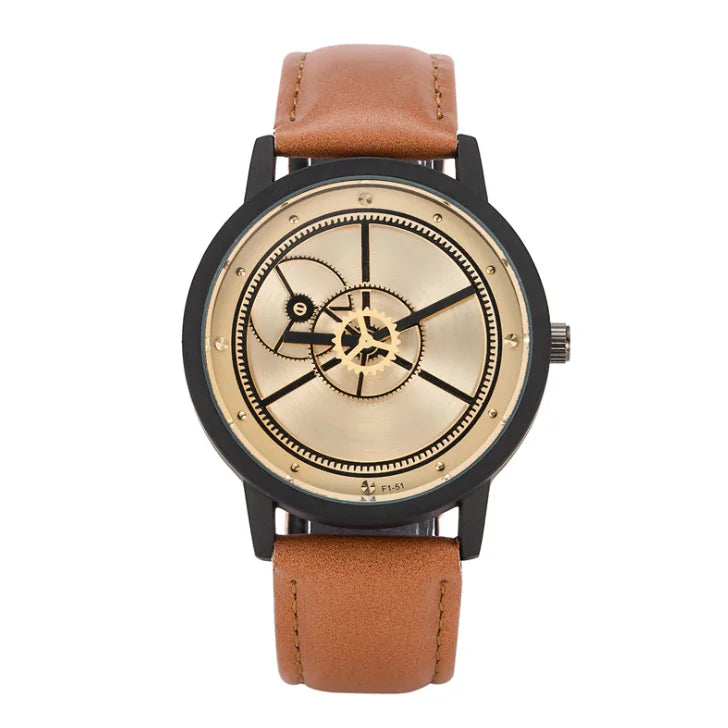 L brand affordable gear watches model with tan leather strap and black case front view
