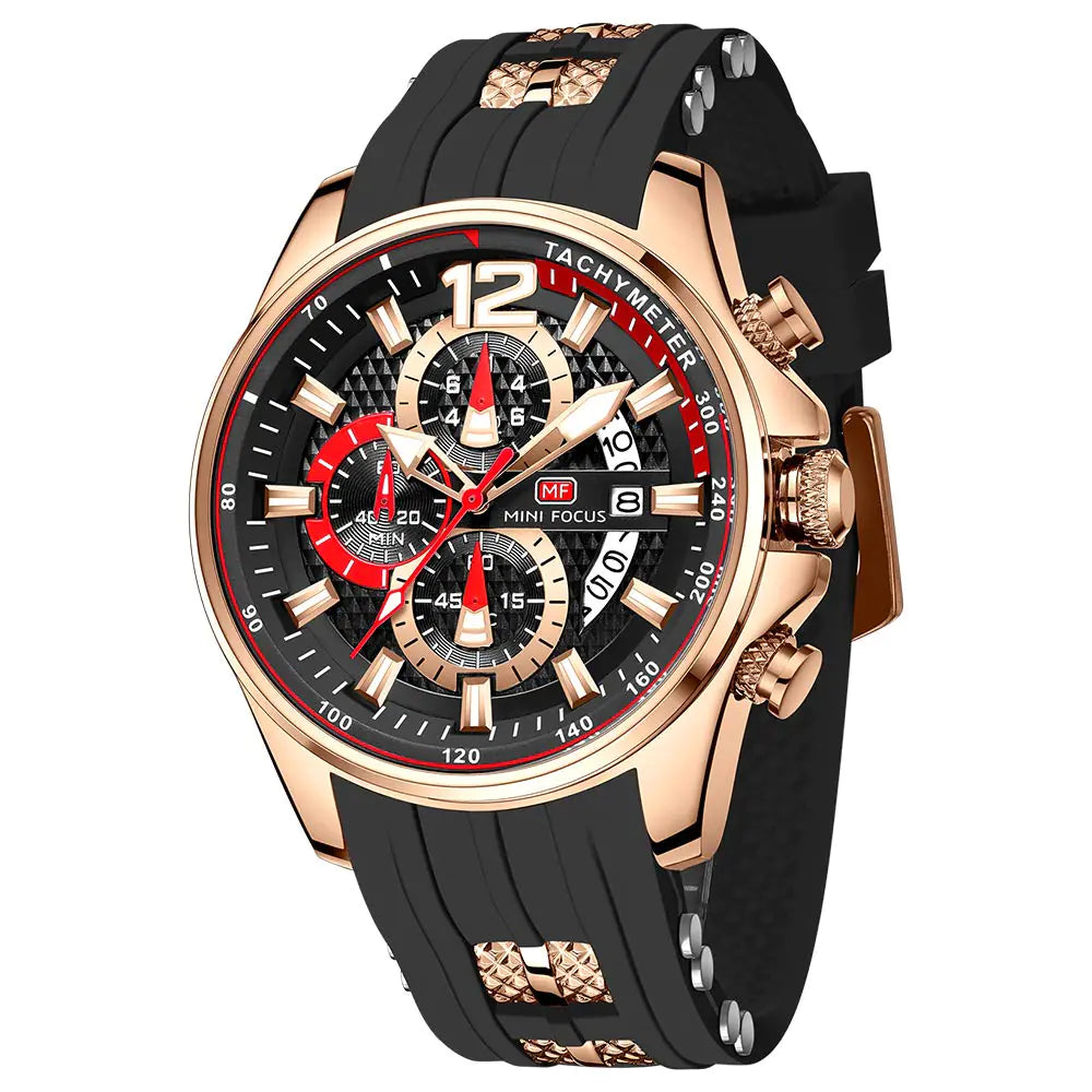 MINI FOCUS men's watches rose gold black strap side view chronograph