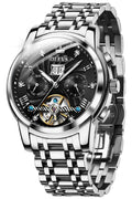 OLEVS men's luxury automatic watch featuring a diamond skeleton design, silver and black colors, and luminous details.
