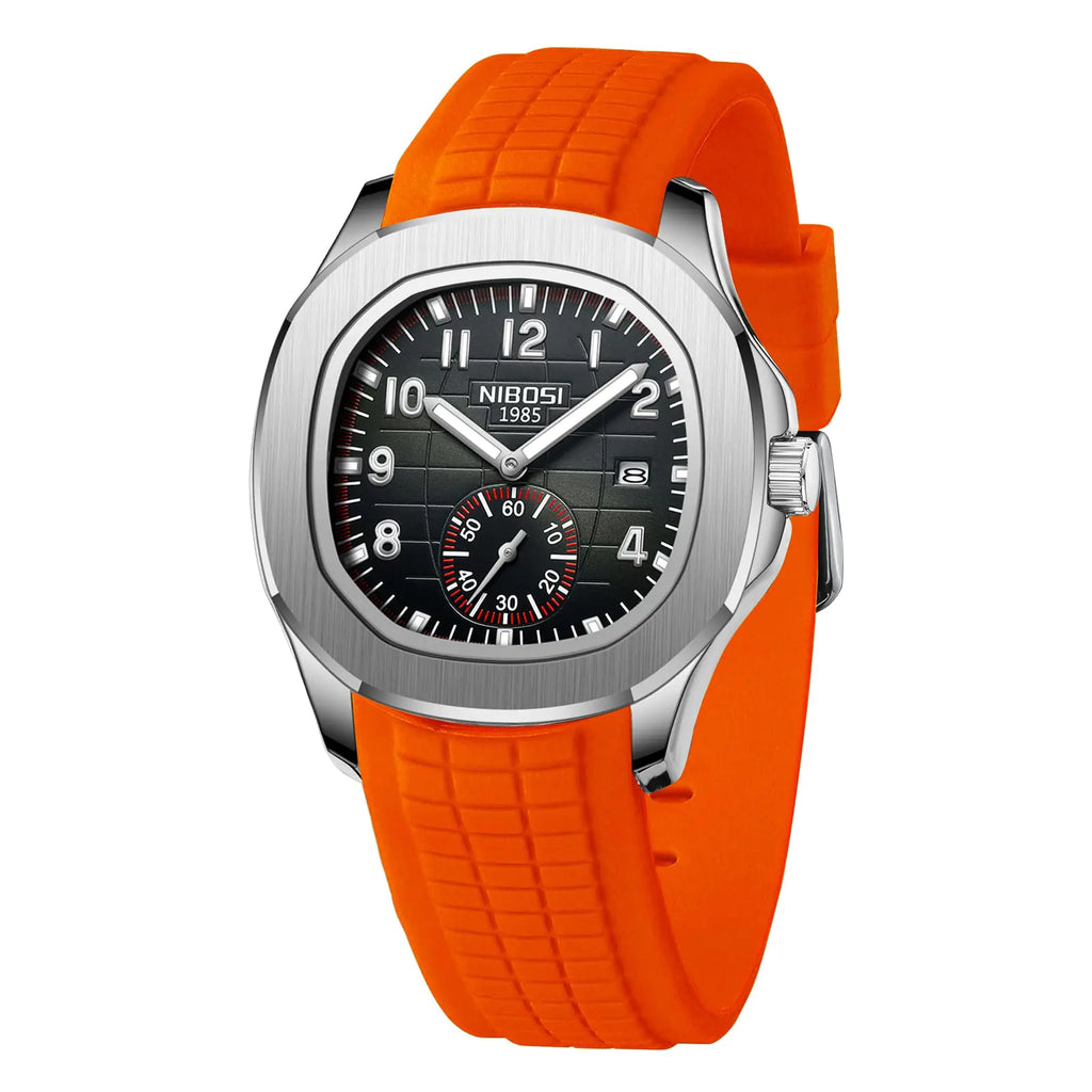 NIBOSI 1985 analog watch front view with orange silicone strap