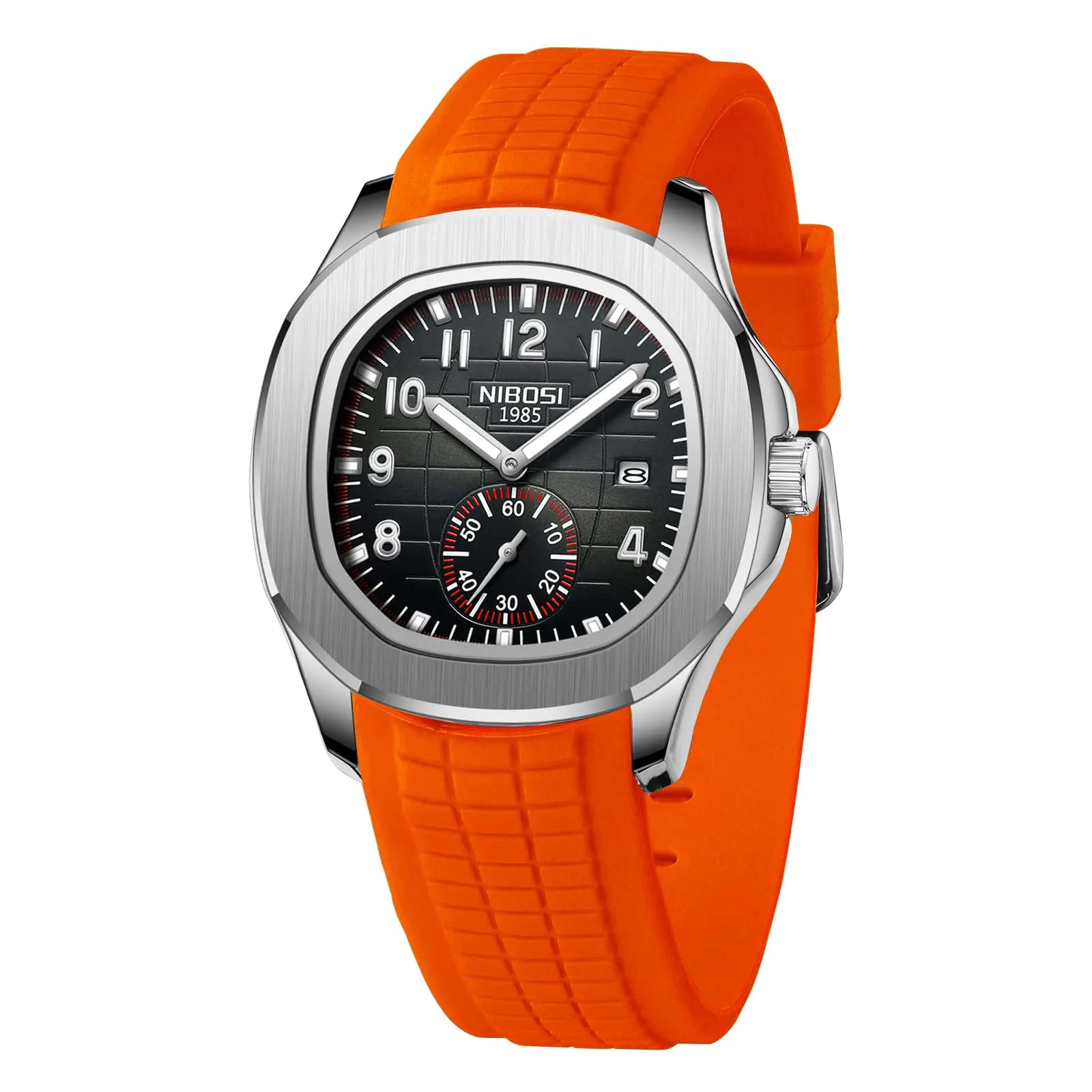 NIBOSI 1985 analog watch front view with orange silicone strap