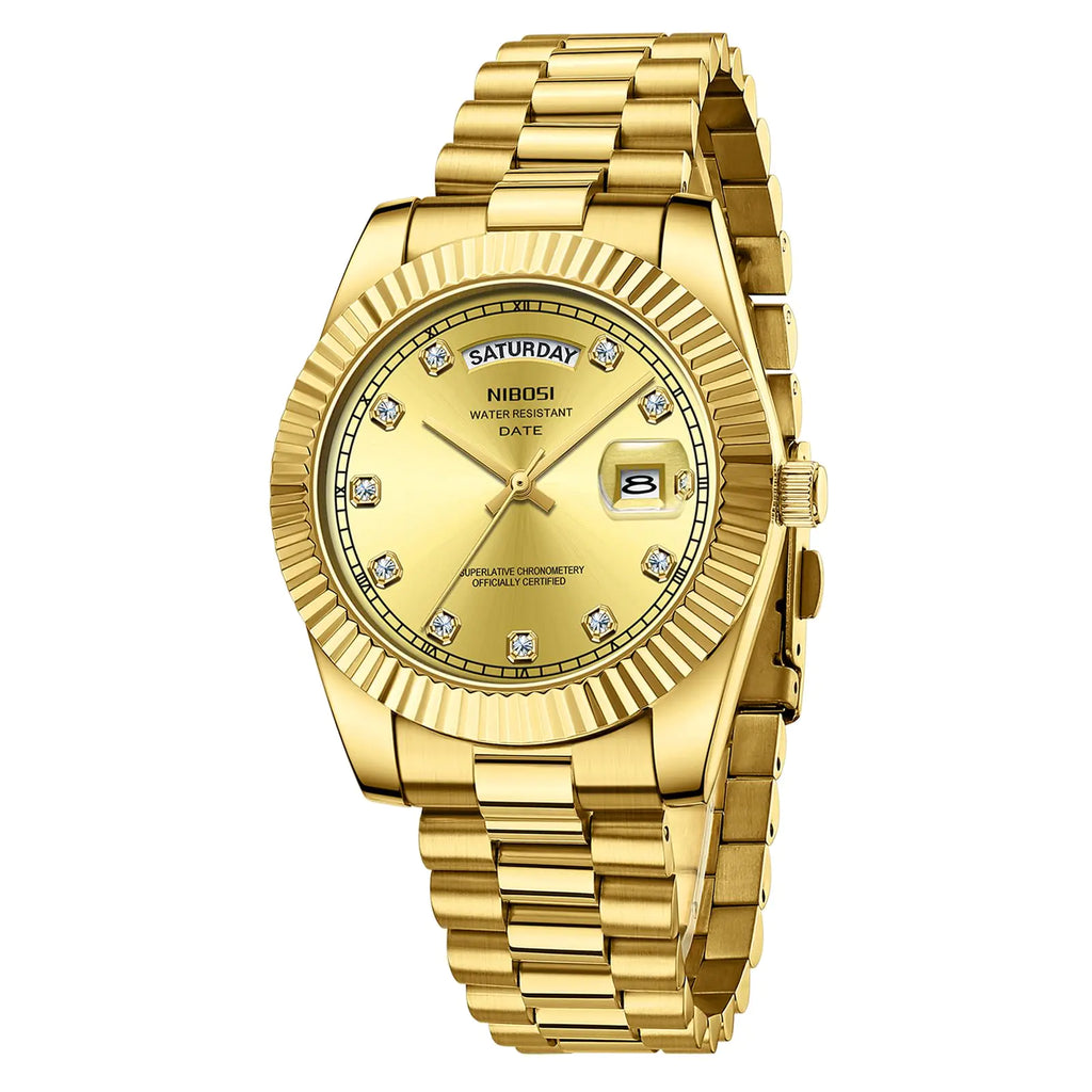 Gold stainless steel men's watch with diamond hour markers and date display