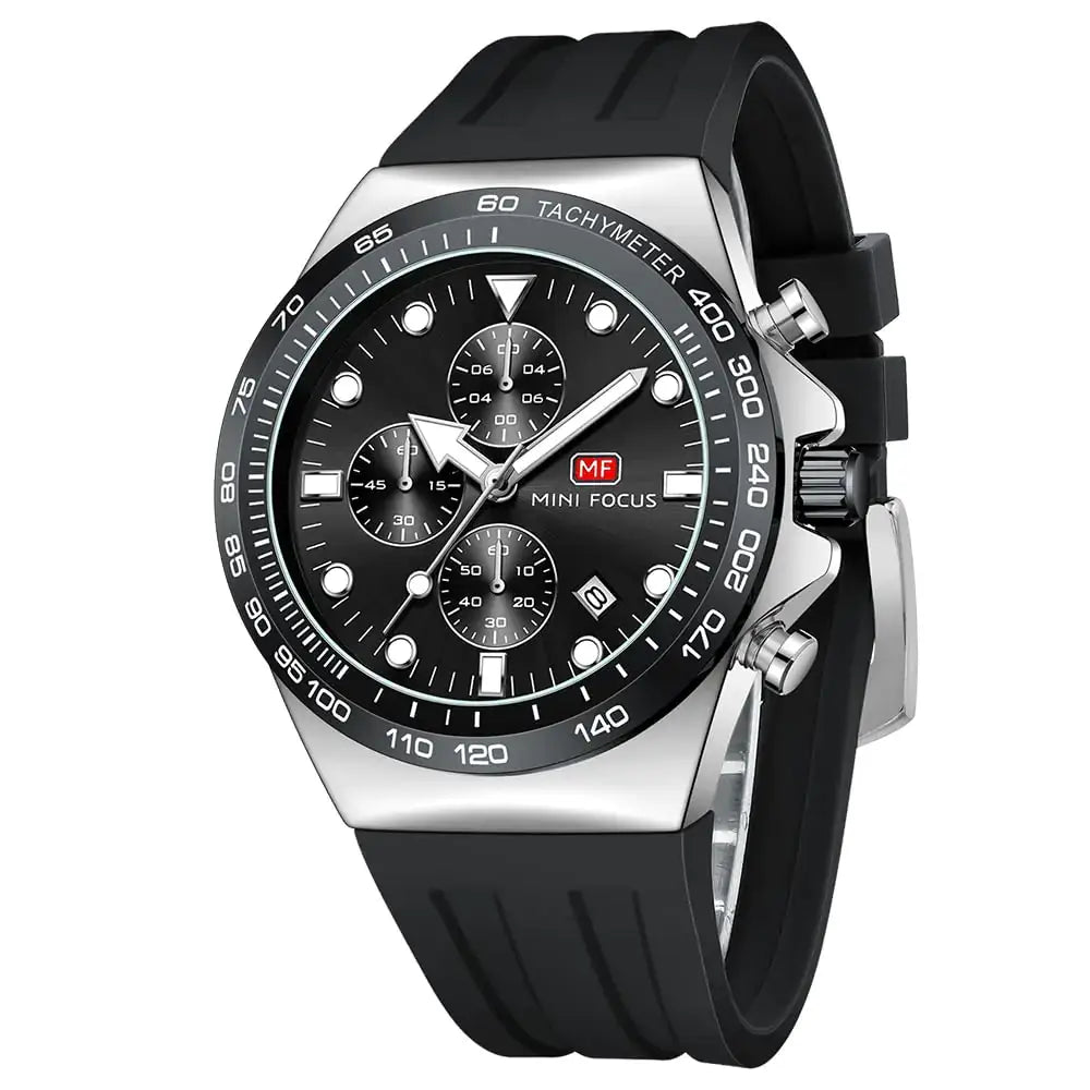 L Mini Focus men's business sport watch with chronograph, waterproof feature, and luminous display on a silicone band.