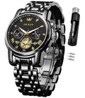 OLEVS premium affordable watches black dial metal band chronograph view