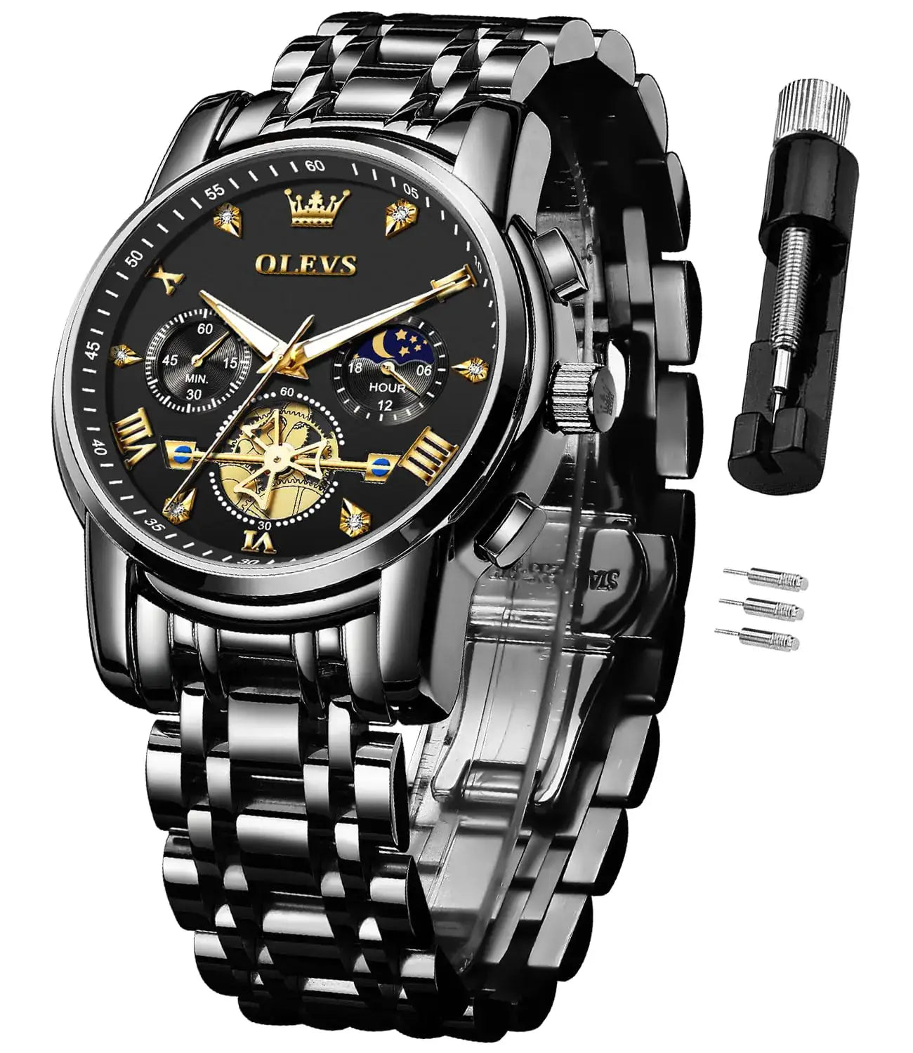 OLEVS premium affordable watches black dial metal band chronograph view