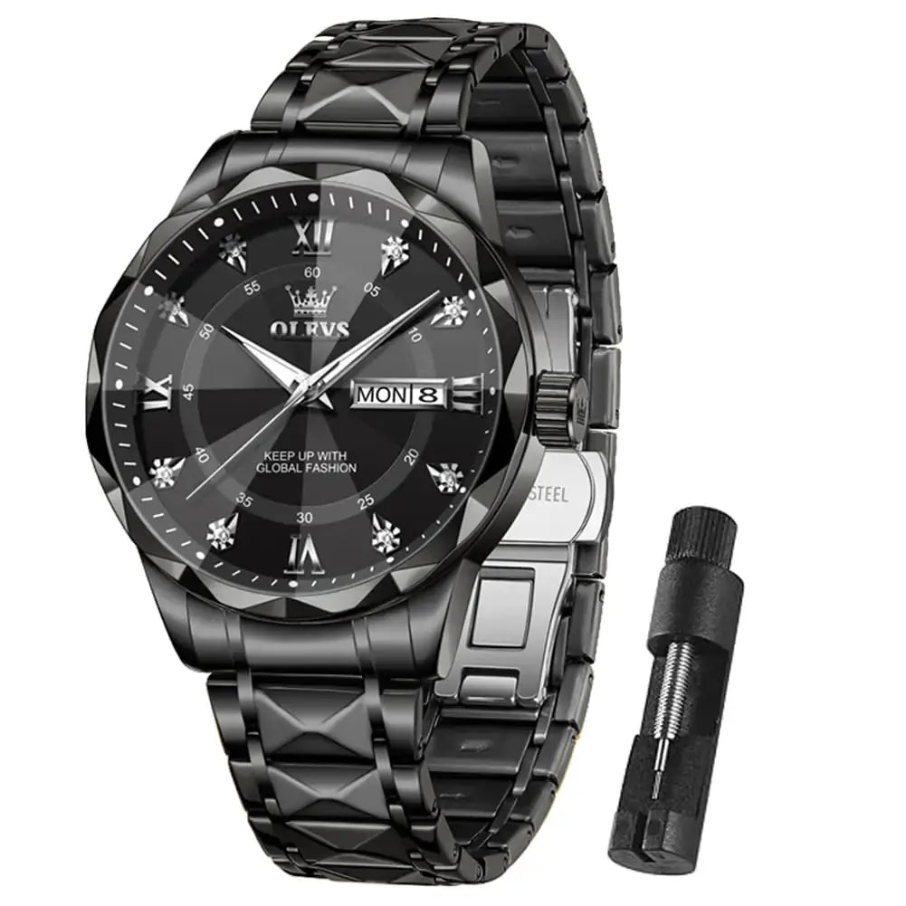 L brand black premium affordable watches with diamond accents side view and adjustment tool