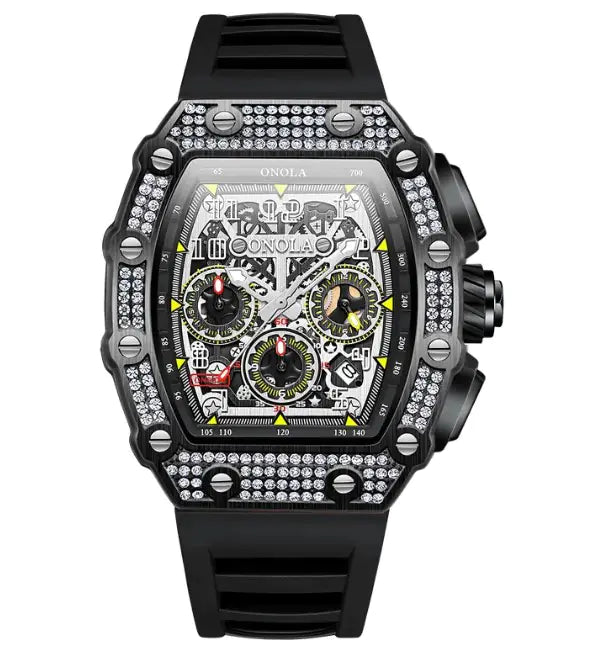 L brand ONOLA black premium affordable watches with diamond-studded case and chronograph front view