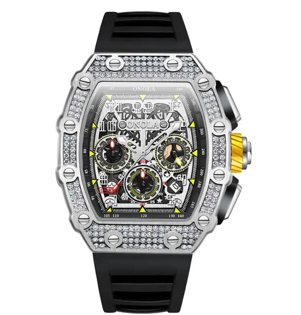 L premium affordable watches ONOLA silver diamond bezel chronograph watch with black rubber strap front view