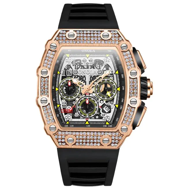 L Onola premium affordable watches rose gold case with diamonds black rubber strap front view chronograph