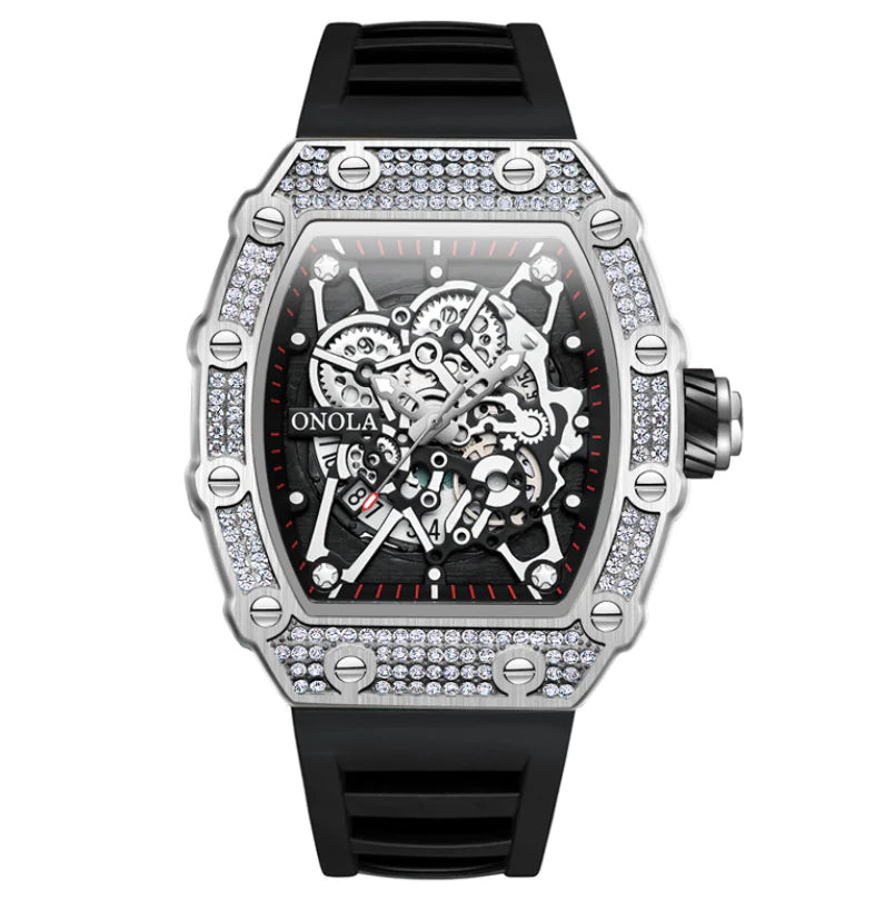 L Onola premium affordable watch with black rubber strap, silver crystal-studded bezel, and skeleton dial front view