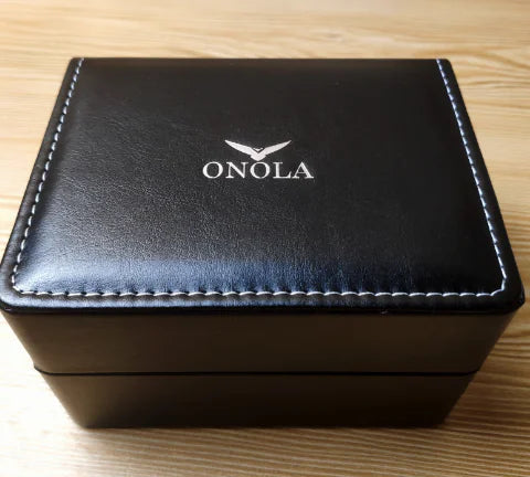 Onola black leather watch box with white stitching front view for premium affordable watches storage
