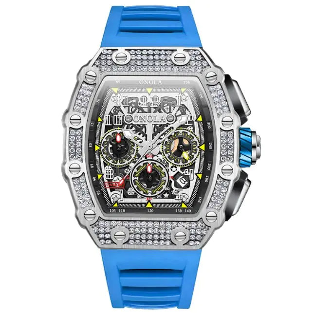 L Onola premium affordable watch with silver crystal-studded case, blue silicone strap, and chronograph front view