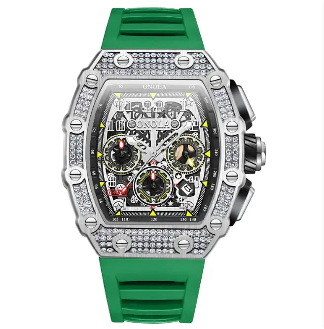 L Onola premium affordable watches with green rubber strap, silver crystal-encrusted case, and chronograph front view