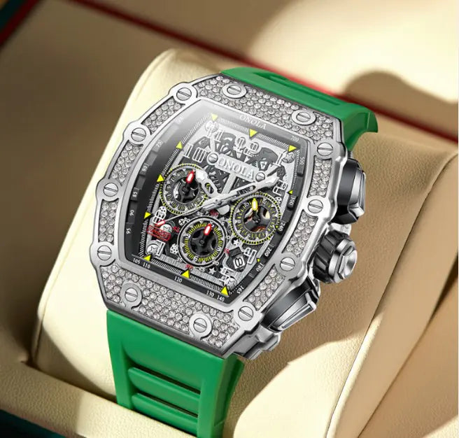 L brand Orfiya premium affordable watches silver diamond-encrusted case green strap angled view chronograph