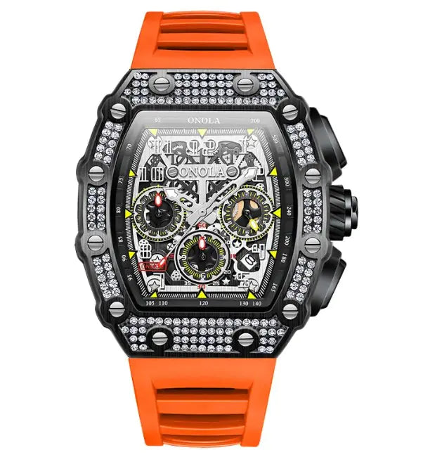 L Onola premium affordable watches with black studded case, silver dial, orange rubber strap, front view chronograph