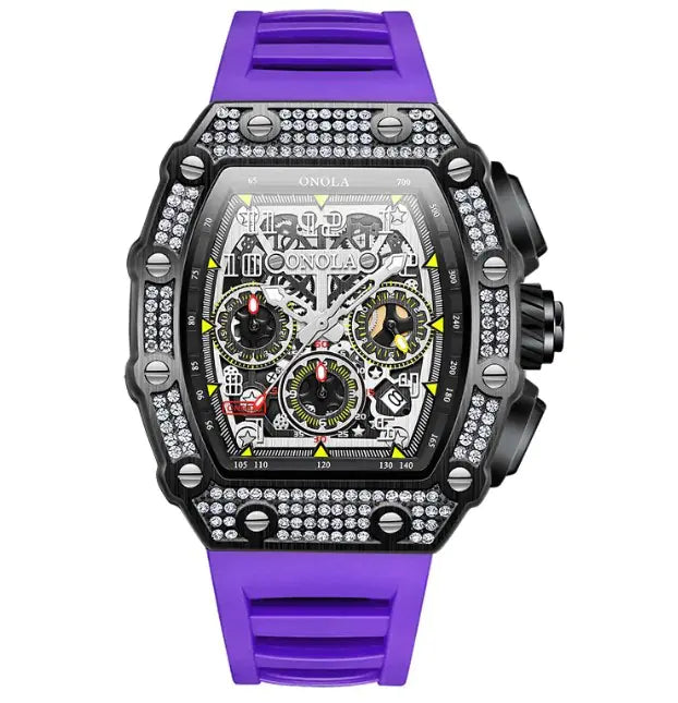 L Onola men's purple premium affordable watches with black diamond-studded case and chronograph function front view