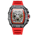 L brand red rubber strap chronograph watch with diamond-studded black case front view premium affordable watches