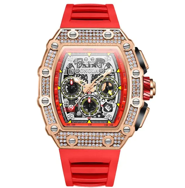 L brand Conola chronograph watch with red silicone strap and rose gold diamond-encrusted case front view premium affordable watches