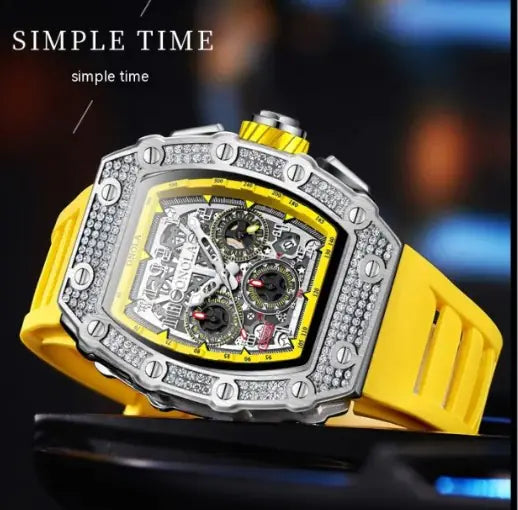 L Simple Time premium affordable watch with yellow strap and diamond-studded silver case angled view
