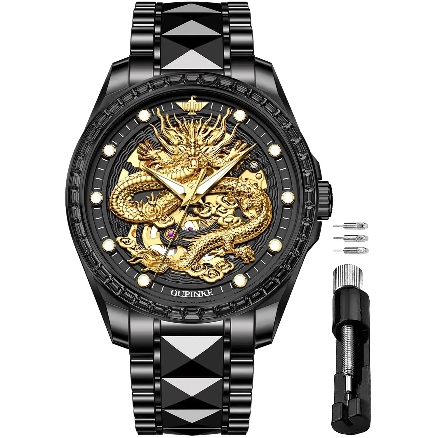 OUPINKE luxury men's watch featuring a black gold dragon skeleton design with a tungsten steel band and sapphire crystal.