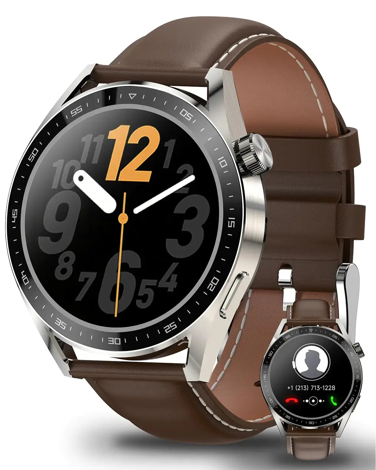 L stylish leather band smartwatch in brown with silver case side view