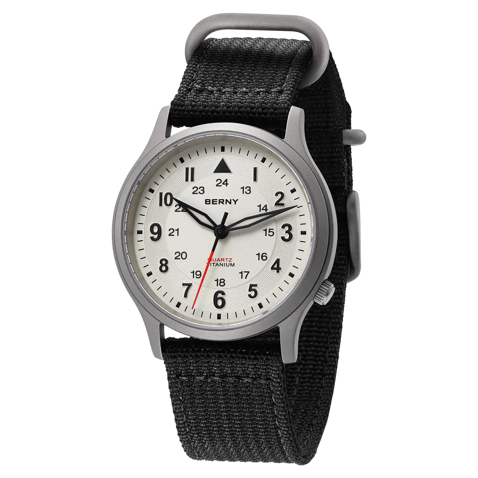 L Berny titanium field watches for men with black fabric strap and white dial