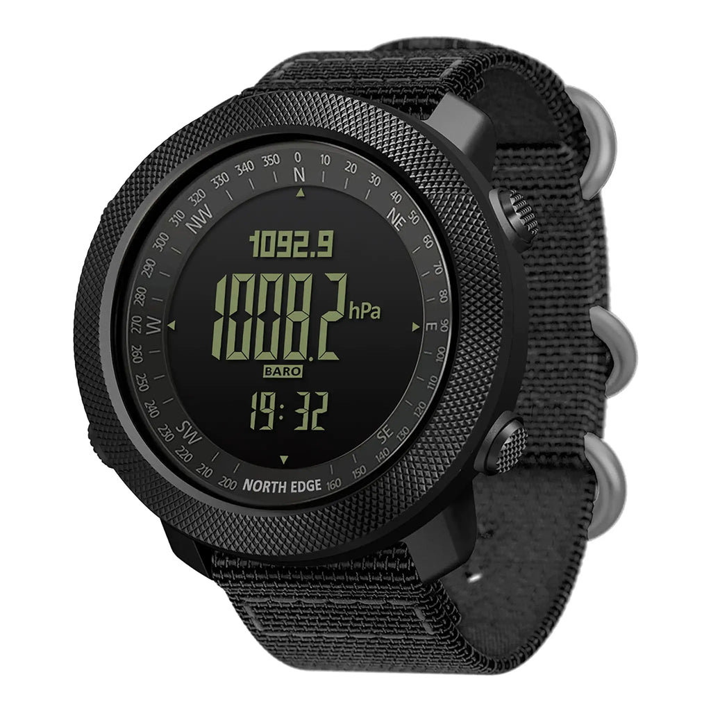 North Edge Apache tactical sports watch for men, featuring a black durable band, compass, and digital display.